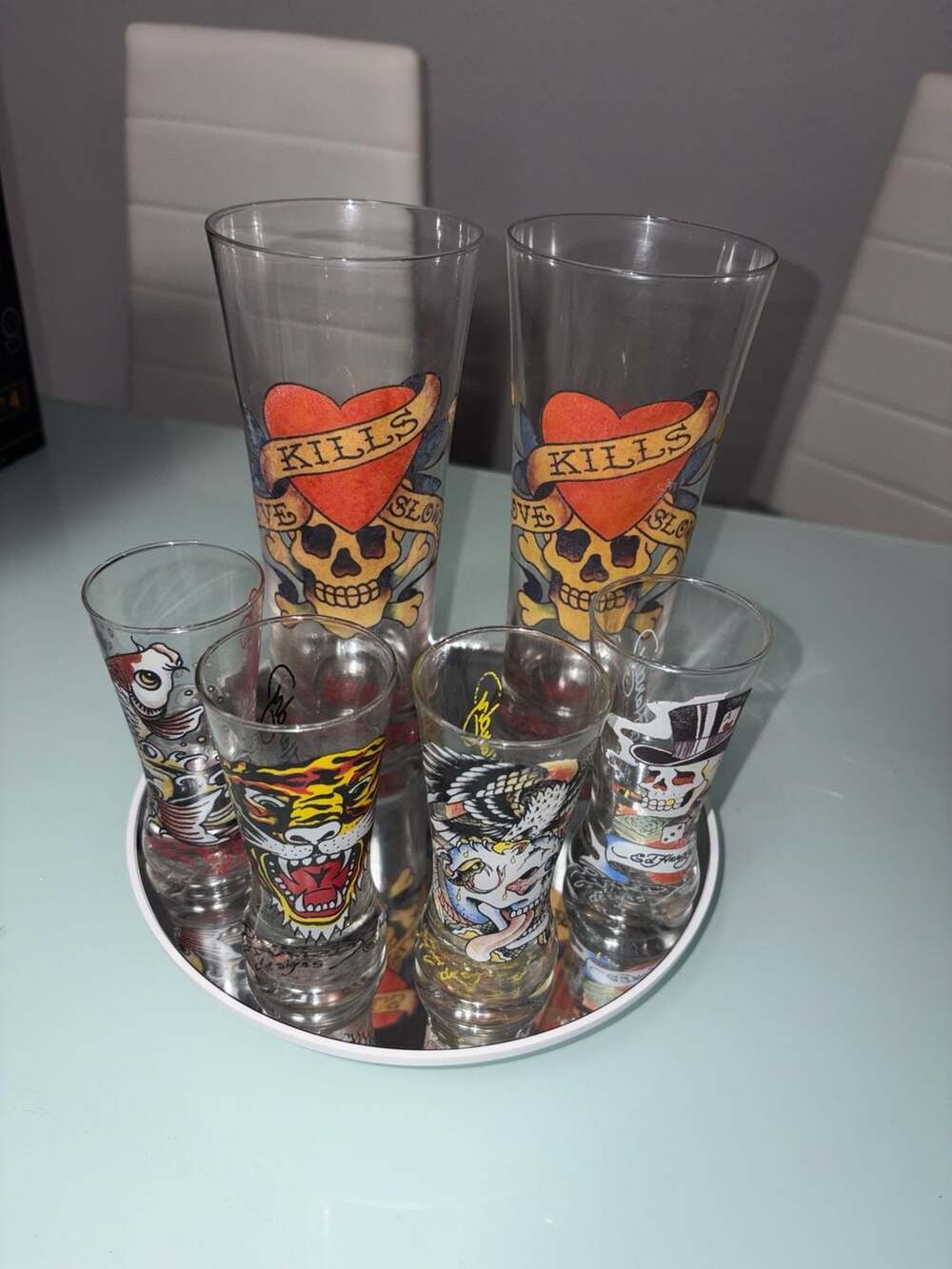 Ed Hardy Tattoo Graphic Barware Collection: 2 Highball Glasses & 4 Shot Glasses